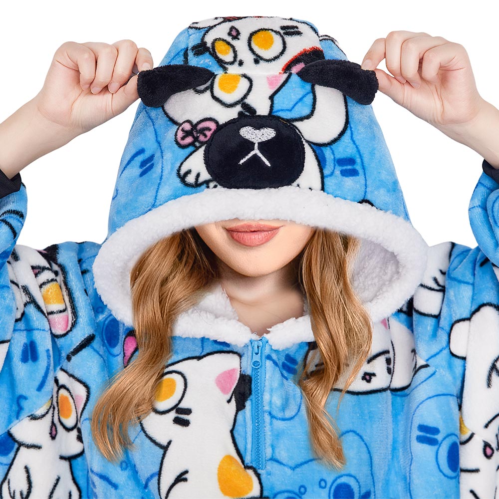 OLAOLA Blue Cat Wearable Blanket Hoodie Animals Onesie Oversized Soft Homwear With Giant Pocket For Adult