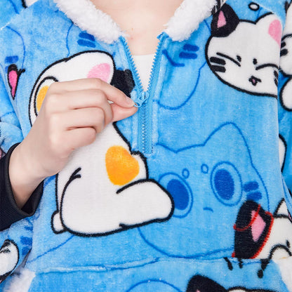 OLAOLA Blue Cat Wearable Blanket Hoodie Animals Onesie Oversized Soft Homwear With Giant Pocket For Adult