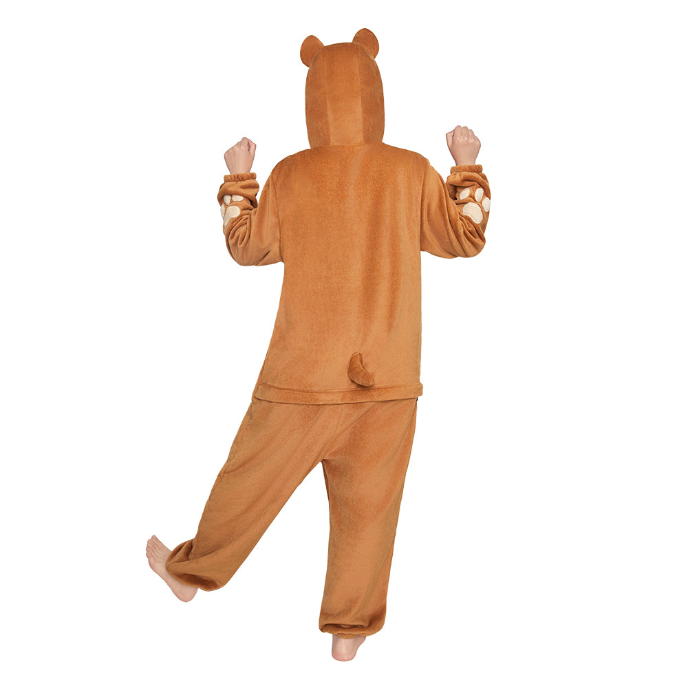 OLAOLA Adult Brown Bulldog Dog Pajamas Soft Animal Onesie Unisex Cozy 3D Hooded Jumpsuit Halloween Christmas Costume