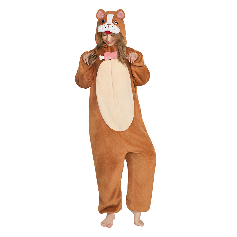 OLAOLA Adult Brown Bulldog Dog Pajamas Soft Animal Onesie Unisex Cozy 3D Hooded Jumpsuit Halloween Christmas Costume