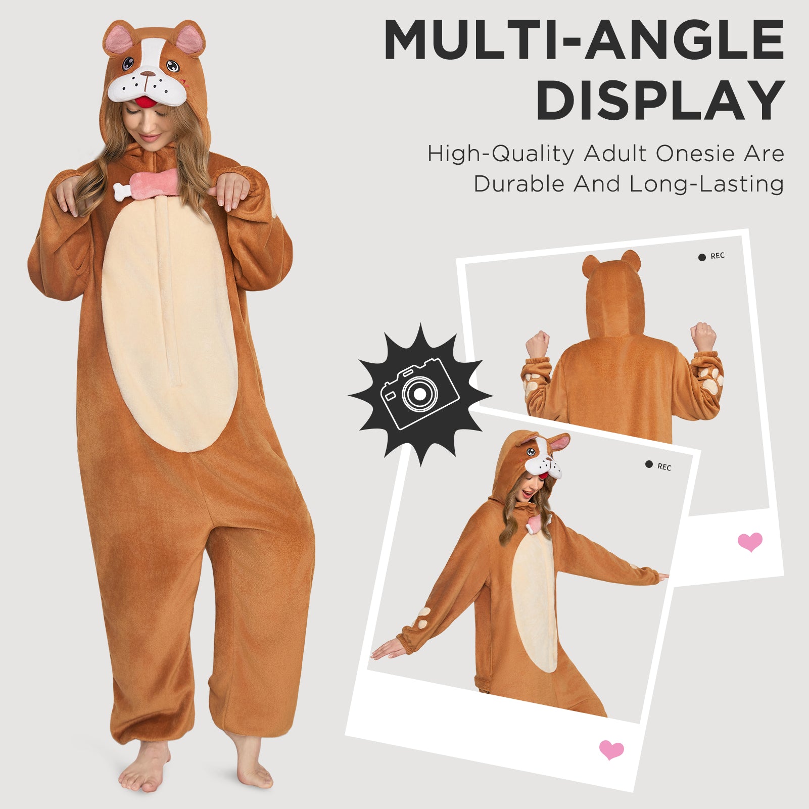 OLAOLA Adult Brown Bulldog Dog Pajamas Soft Animal Onesie Unisex Cozy 3D Hooded Jumpsuit Halloween Christmas Costume
