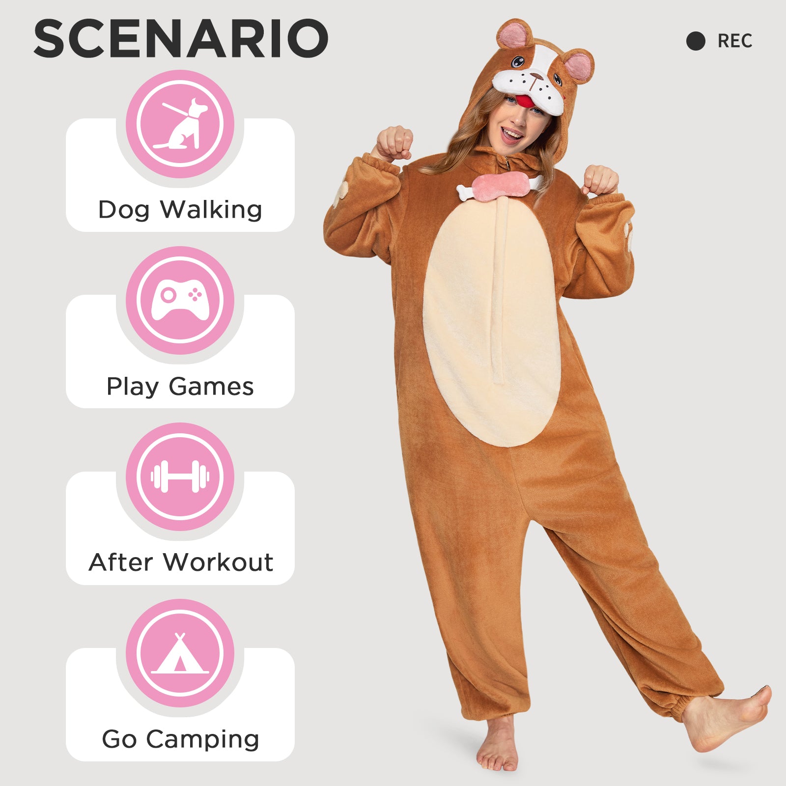OLAOLA Adult Brown Bulldog Dog Pajamas Soft Animal Onesie Unisex Cozy 3D Hooded Jumpsuit Halloween Christmas Costume