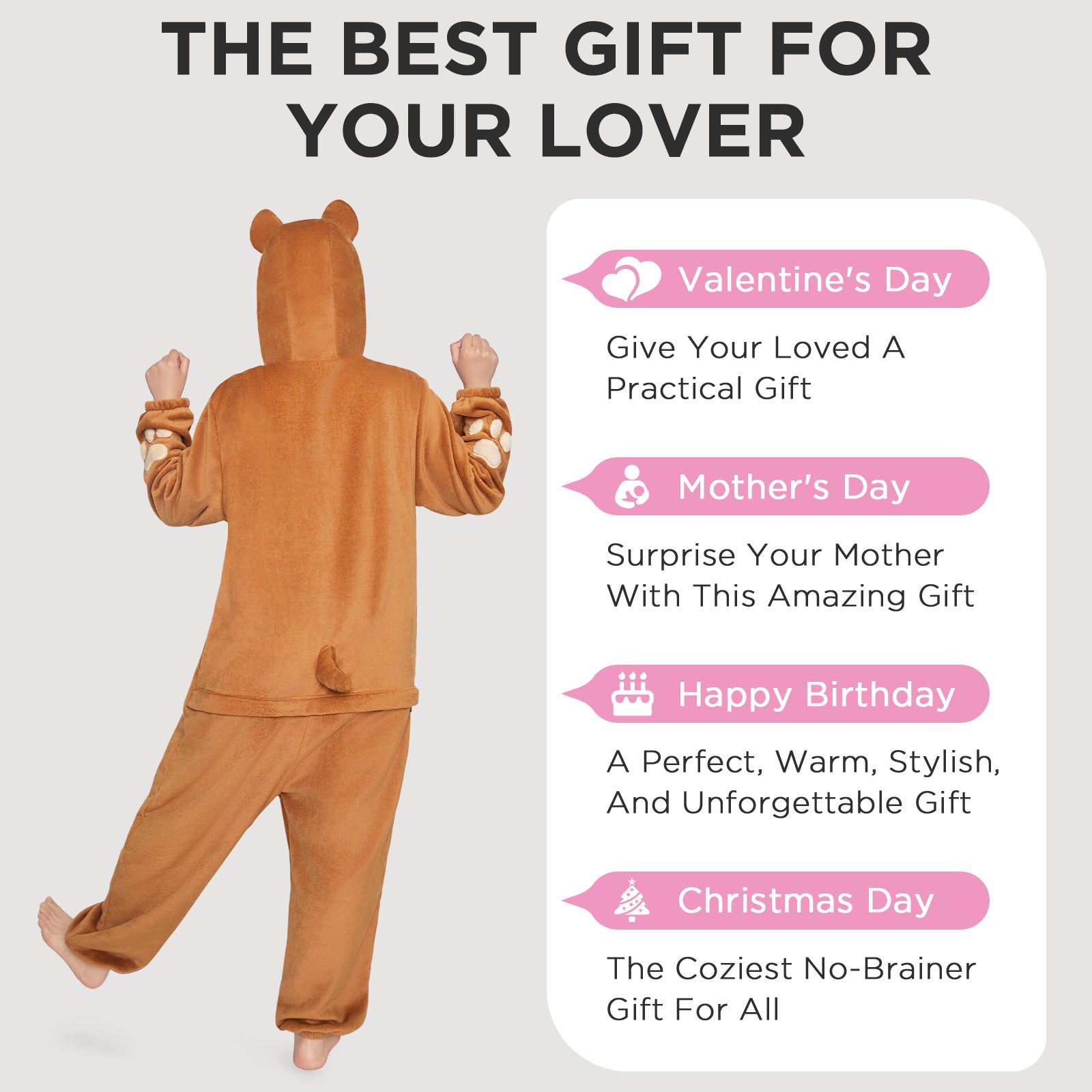 OLAOLA Adult Brown Bulldog Dog Pajamas Soft Animal Onesie Unisex Cozy 3D Hooded Jumpsuit Halloween Christmas Costume