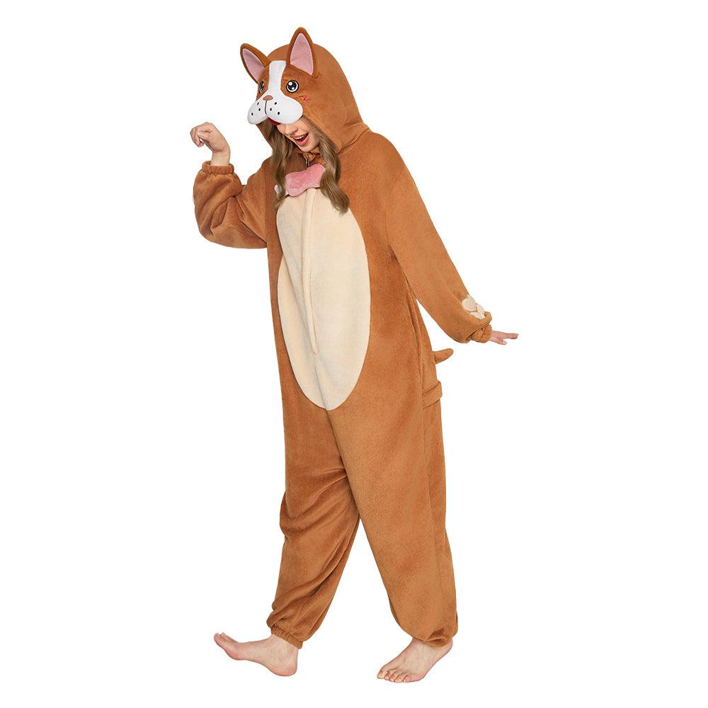 OLAOLA Adult Brown Bulldog Dog Pajamas Soft Animal Onesie Unisex Cozy 3D Hooded Jumpsuit Halloween Christmas Costume