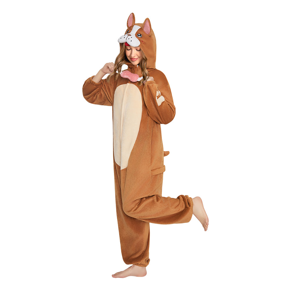 OLAOLA Adult Brown Bulldog Dog Pajamas Soft Animal Onesie Unisex Cozy 3D Hooded Jumpsuit Halloween Christmas Costume