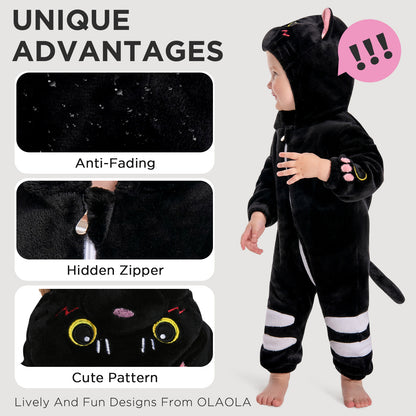 OLAOLA Baby Black Cat Pajamas Animal Onesie Toddler Romper Plush Dress Up Infant Outfits Halloween Suit