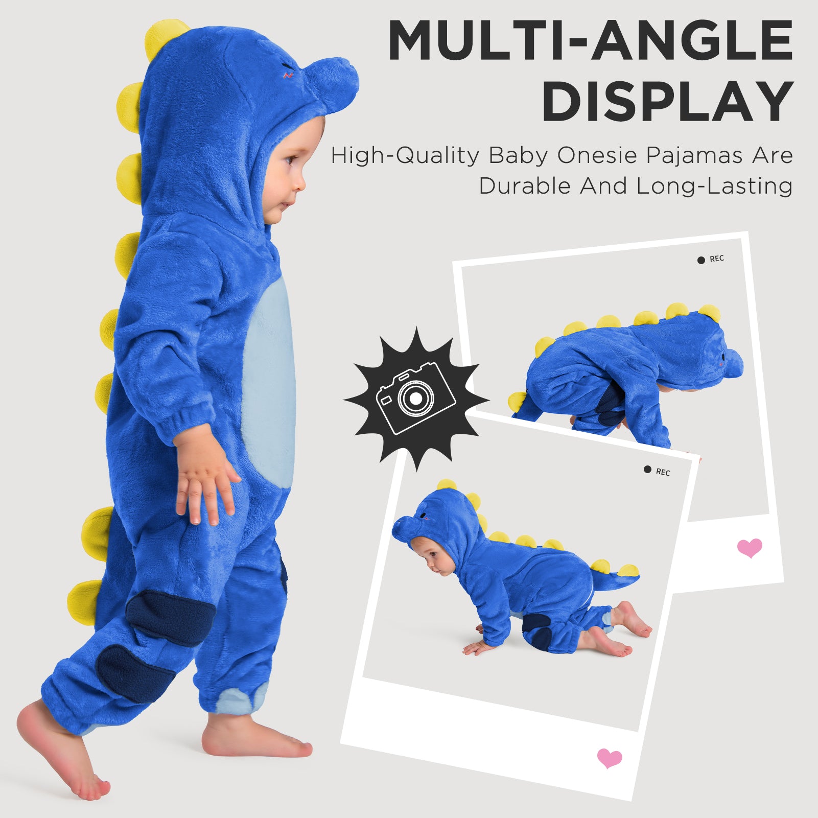 OLAOLA Baby Blue Dinosaur Pajamas Animal Onesie Toddler Romper Plush Dress Up Infant Outfits Halloween Suit