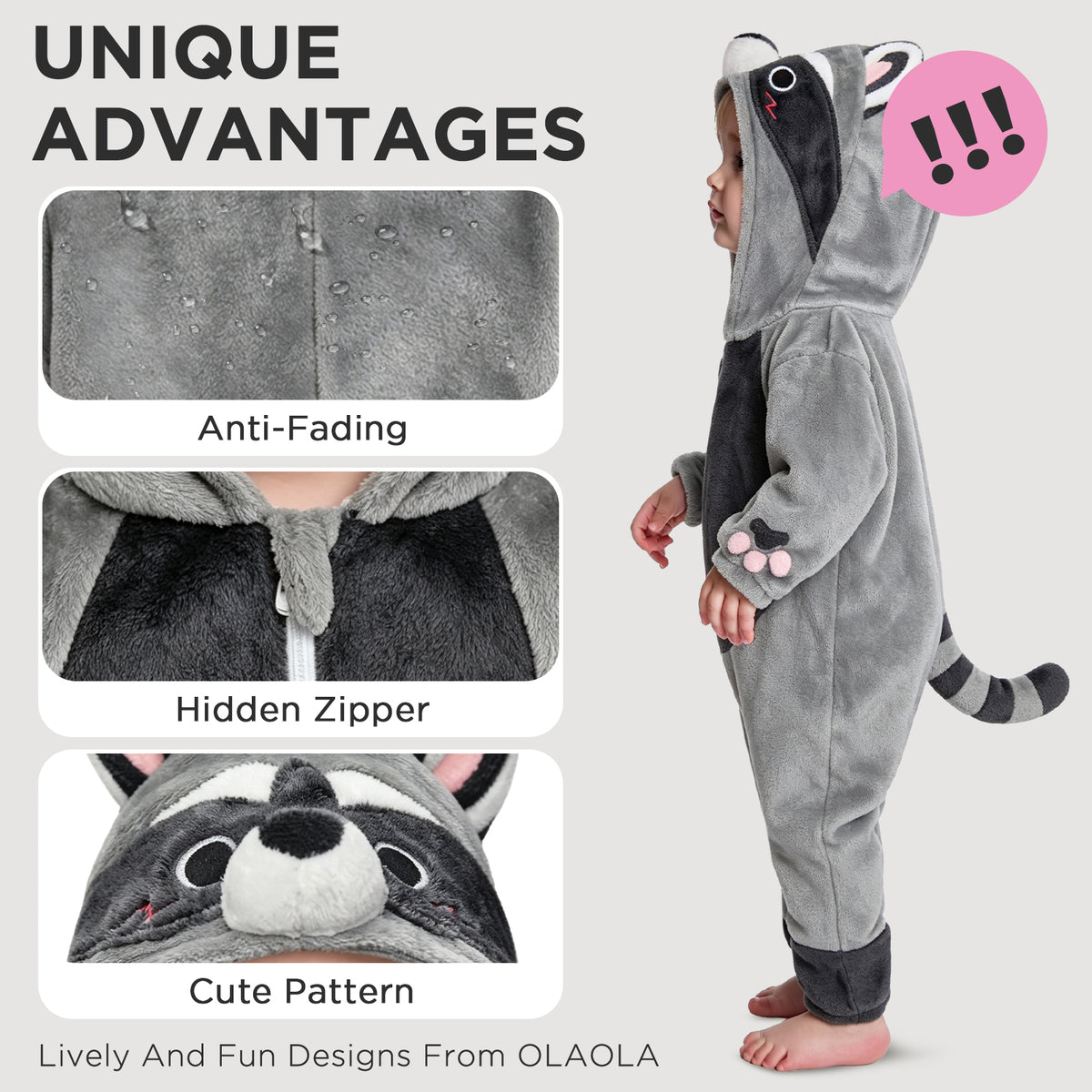 OLAOLA Baby Gray Raccoon Jumpsuit Pajamas Animal Onesie Toddler Romper Plush Dress Up Infant Outfits Halloween Suit