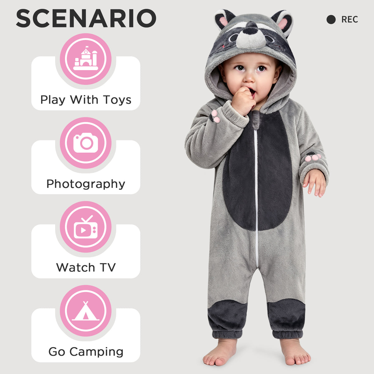 OLAOLA Baby Gray Raccoon Jumpsuit Pajamas Animal Onesie Toddler Romper Plush Dress Up Infant Outfits Halloween Suit