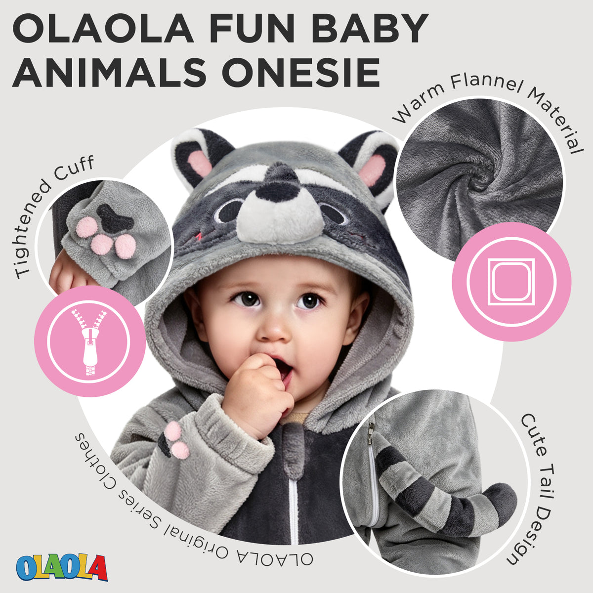 OLAOLA Baby Gray Raccoon Jumpsuit Pajamas Animal Onesie Toddler Romper Plush Dress Up Infant Outfits Halloween Suit