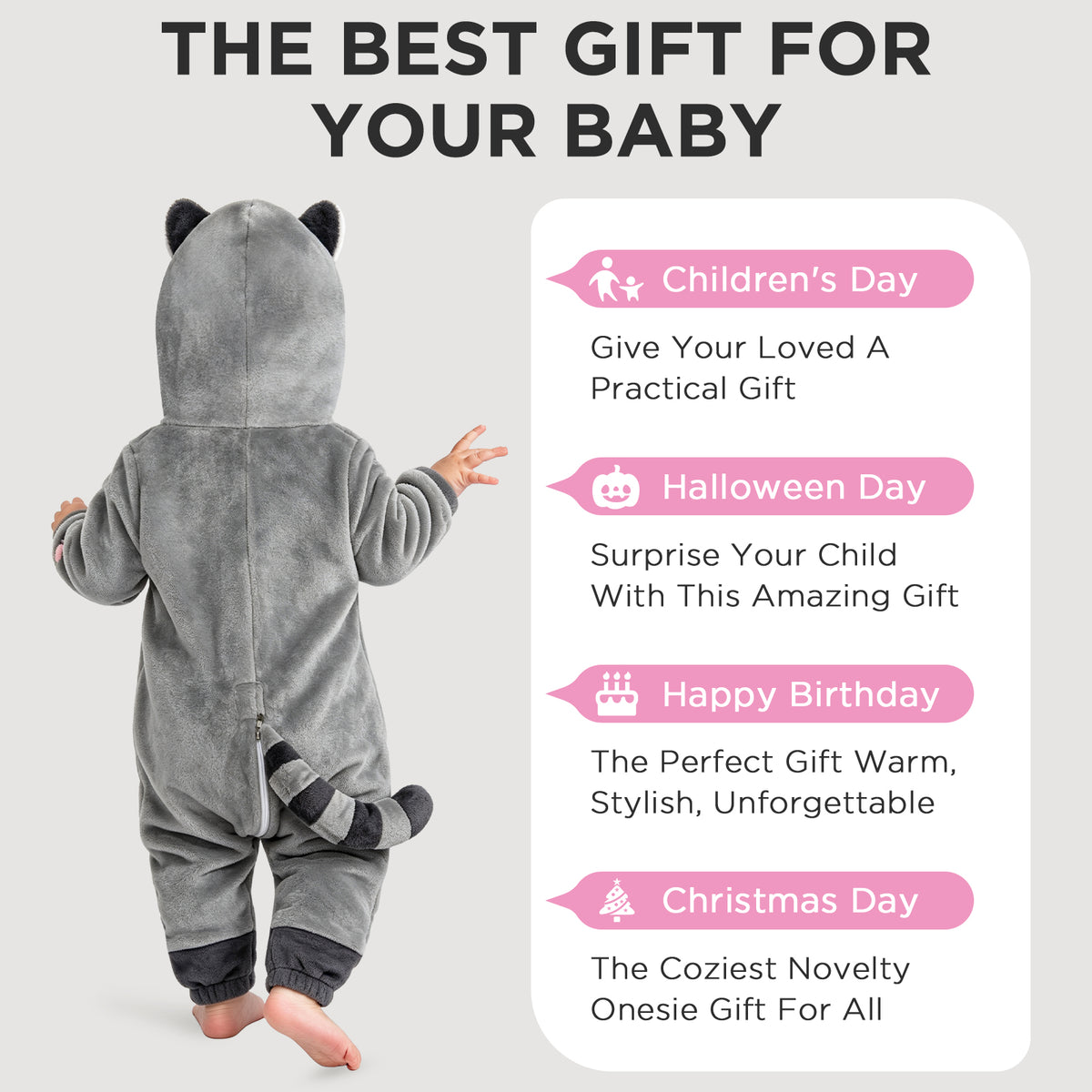 OLAOLA Baby Gray Raccoon Jumpsuit Pajamas Animal Onesie Toddler Romper Plush Dress Up Infant Outfits Halloween Suit