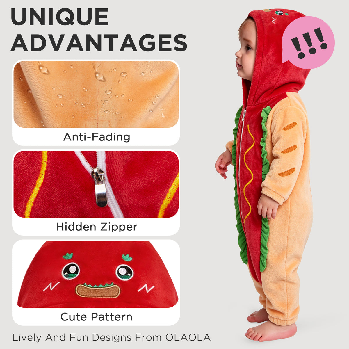 OLAOLA Baby Hot Dog Infant Jumpsuit Animal Costume Unisex Toddler Onesie Soft Cozy Flannel Halloween Cosplay Romper