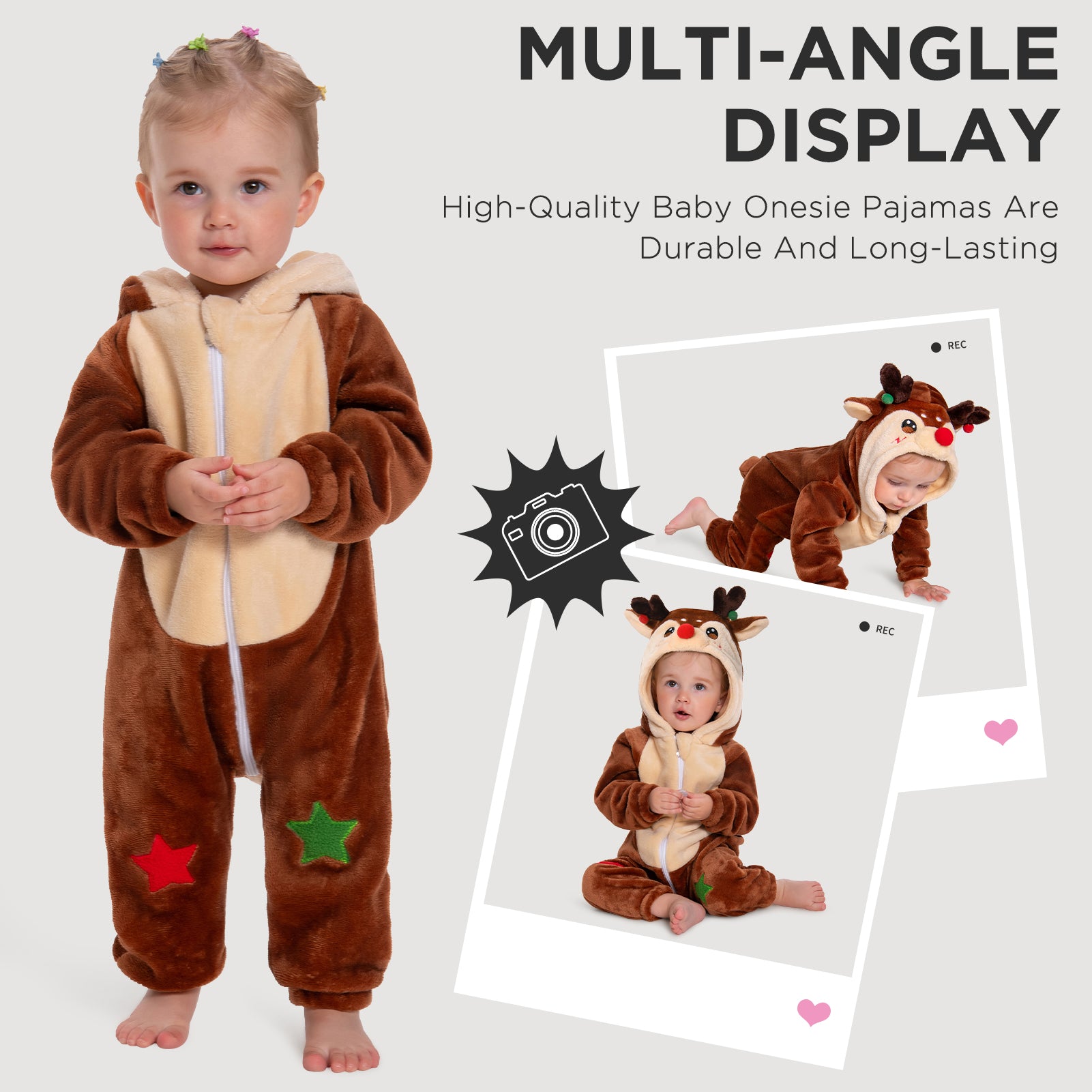 OLAOLA Baby's Reindeer Toddler Romper Animal Onesie Christmas Plush Soft Flannel Warm Home Pajamas One-Piece Sleepwear