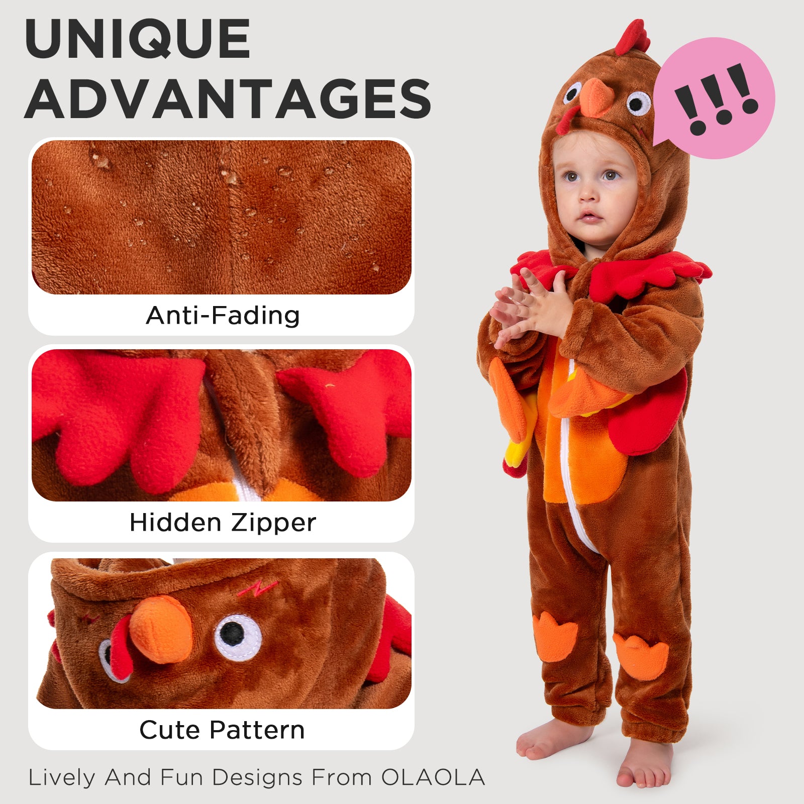 OLAOLA Baby's Turkey Animal Onesie Plush Soft Flannel Toddler Romper Warm Home Pajamas One-Piece Sleepwear
