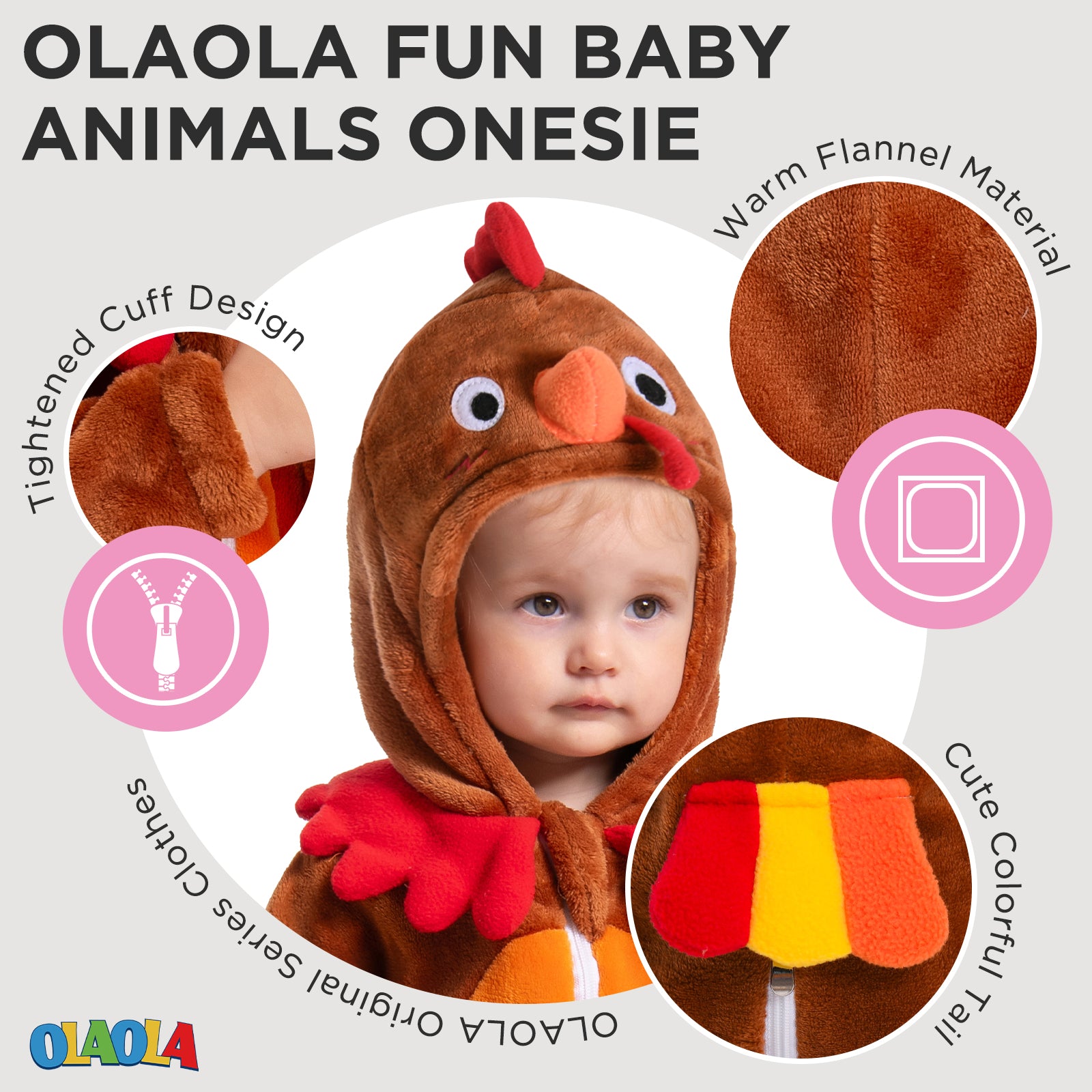 OLAOLA Baby's Turkey Animal Onesie Plush Soft Flannel Toddler Romper Warm Home Pajamas One-Piece Sleepwear