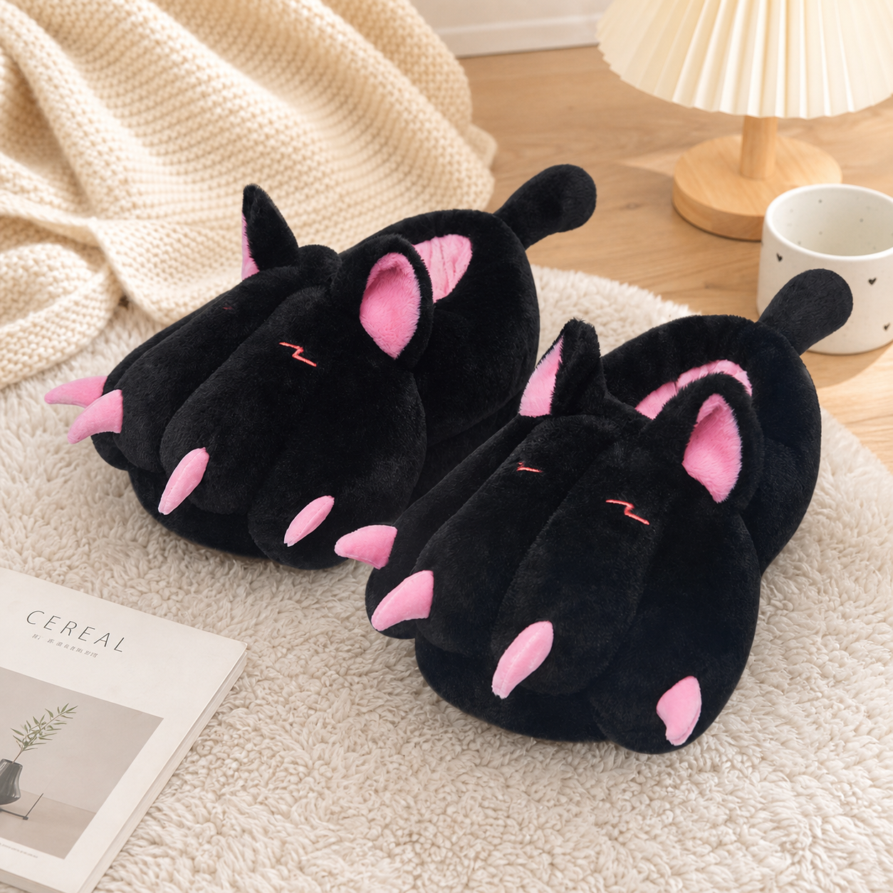OLAOLA Black Cat Paw Slippers Warm Plush Animal Indoor Non-slip Home Fluffy Thick Bottom Shoes Gifts For Birthday Christmas
