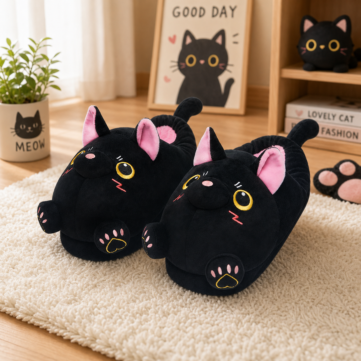 OLAOLA Black Cat Slippers Warm Plush Animal Indoor Non-slip Home Fluffy Thick Bottom Shoes Gifts