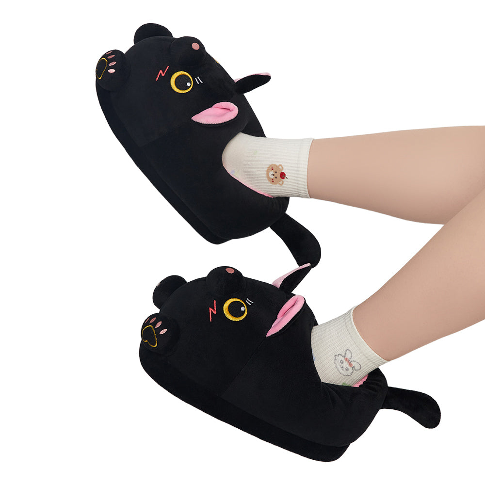 OLAOLA Black Cat Slippers Warm Plush Animal Indoor Non-slip Home Fluffy Thick Bottom Shoes Gifts