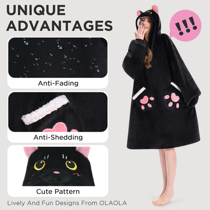 OLAOLA Black Cat Wearable Blanket Hoodie Animals Onesie Oversized Soft Homwear With Pocket For Adult