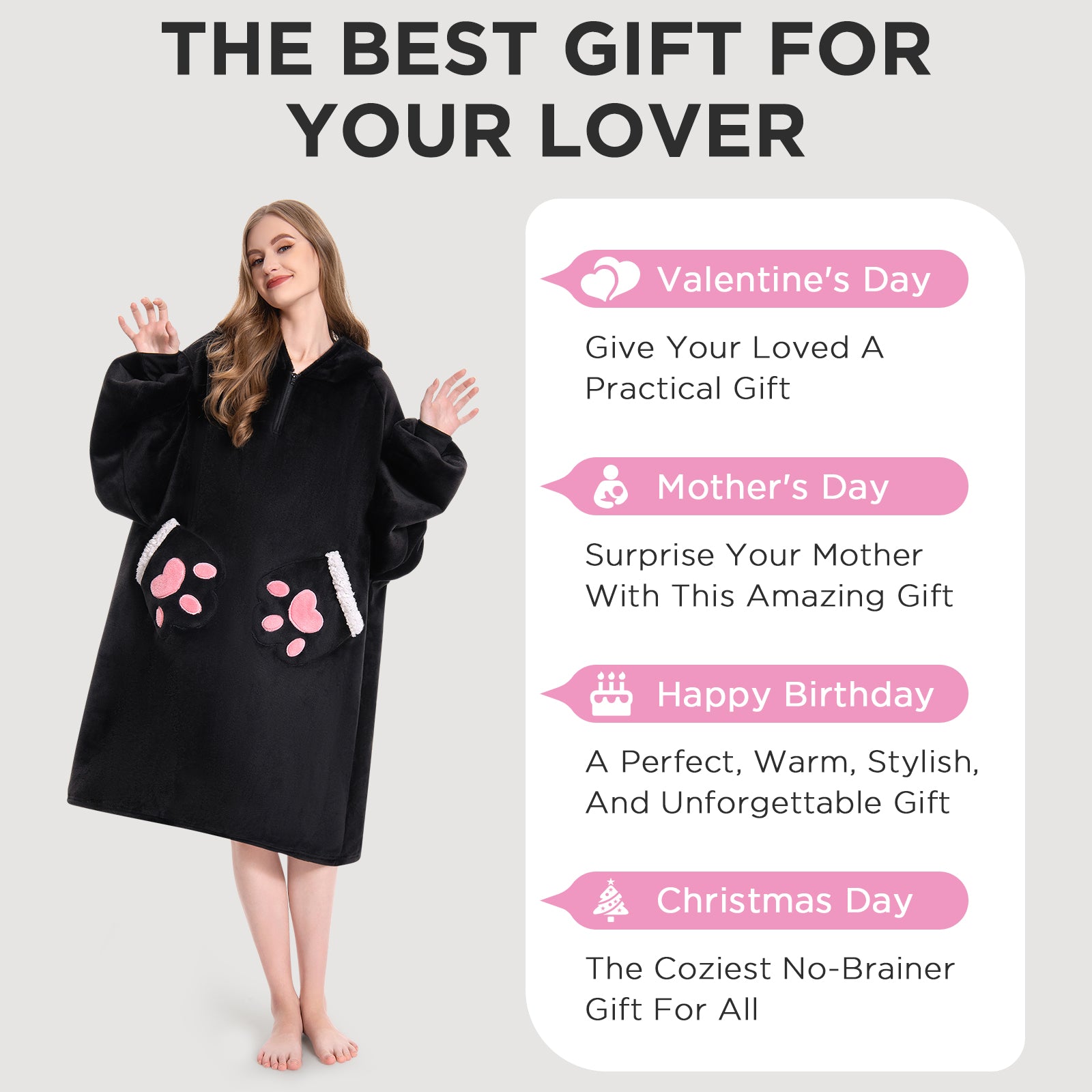 OLAOLA Black Cat Wearable Blanket Hoodie Animals Onesie Oversized Soft Homwear With Pocket For Adult