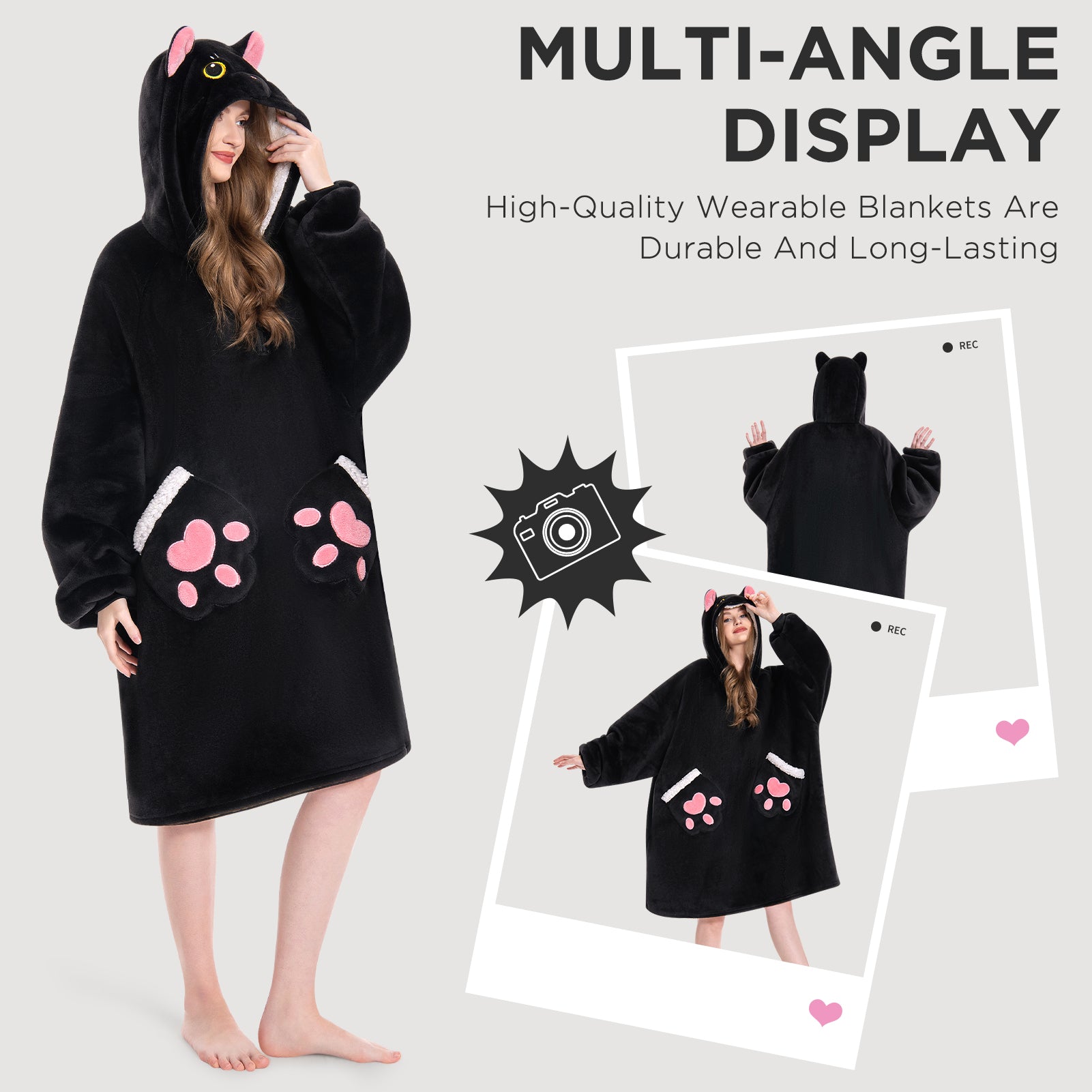 OLAOLA Black Cat Wearable Blanket Hoodie Animals Onesie Oversized Soft Homwear With Pocket For Adult