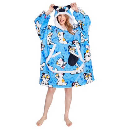 OLAOLA Blue Cat Wearable Blanket Hoodie Animals Onesie Oversized Soft Homewear With Giant Pocket For Adult