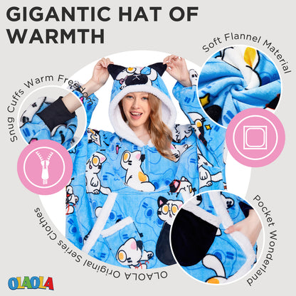 OLAOLA Blue Cat Wearable Blanket Hoodie Animals Onesie Oversized Soft Homewear With Giant Pocket For Adult