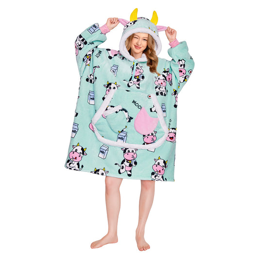 OLAOLA Blue Cow Wearable Blanket Kawaii Cattle Hoodie Animals Onesie Oversized Soft Homwear With Giant Pocket For Adult
