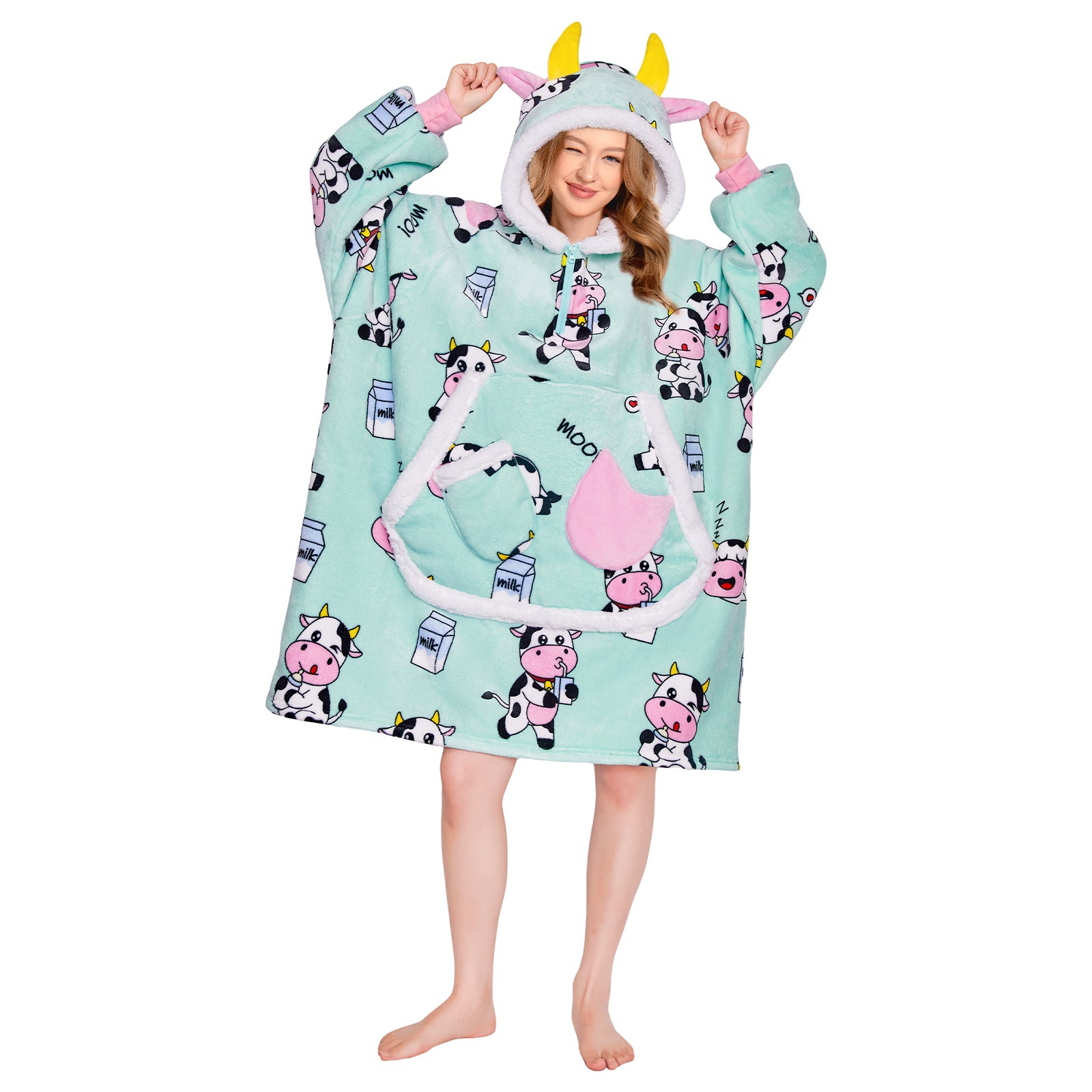 OLAOLA Blue Cow Wearable Blanket Kawaii Cattle Hoodie Animals Onesie Oversized Soft Homwear With Giant Pocket For Adult