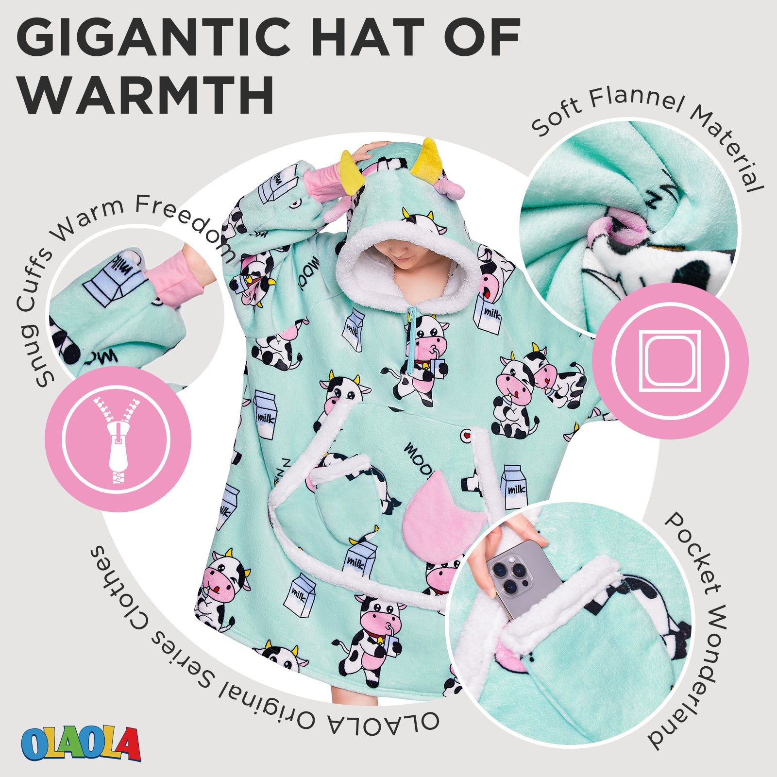 OLAOLA Blue Cow Wearable Blanket Kawaii Cattle Hoodie Animals Onesie Oversized Soft Homwear With Giant Pocket For Adult