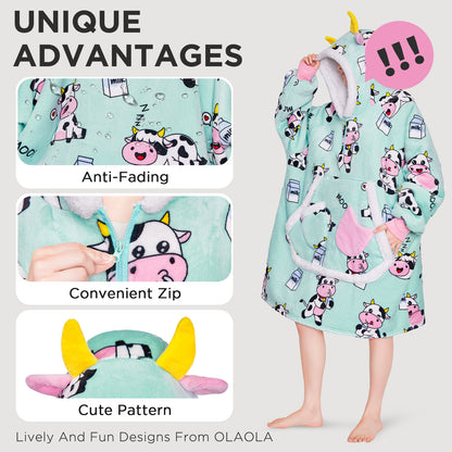 OLAOLA Blue Cow Wearable Blanket Kawaii Cattle Hoodie Animals Onesie Oversized Soft Homwear With Giant Pocket For Adult