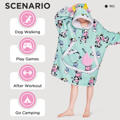 OLAOLA Blue Cow Wearable Blanket Kawaii Cattle Hoodie Animals Onesie Oversized Soft Homwear With Giant Pocket For Adult