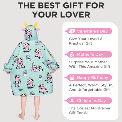 OLAOLA Blue Cow Wearable Blanket Kawaii Cattle Hoodie Animals Onesie Oversized Soft Homwear With Giant Pocket For Adult
