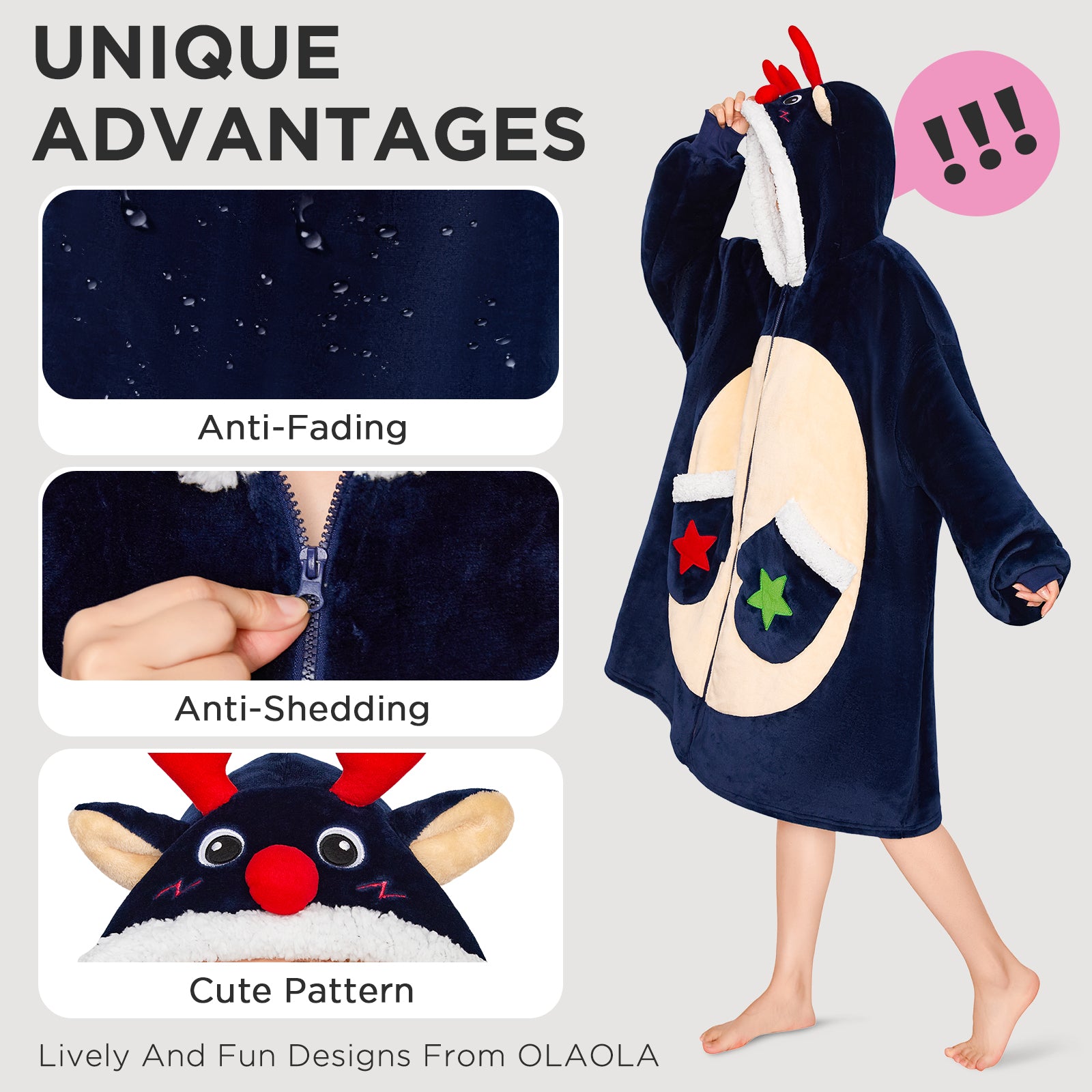 OLAOLA Blue Reindeer Christmas Deer Fluffy Wearable Blanket Hoodie With Zipper Oversized Fleece Sherpa Sleepwear