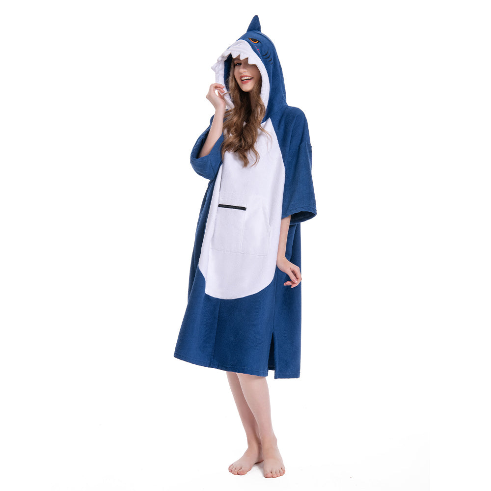 OLAOLA Blue Shark Surf Poncho Changing Towel Swim Robe Beach Towels Quick Dry Terry Cloth Cover-Up Hood