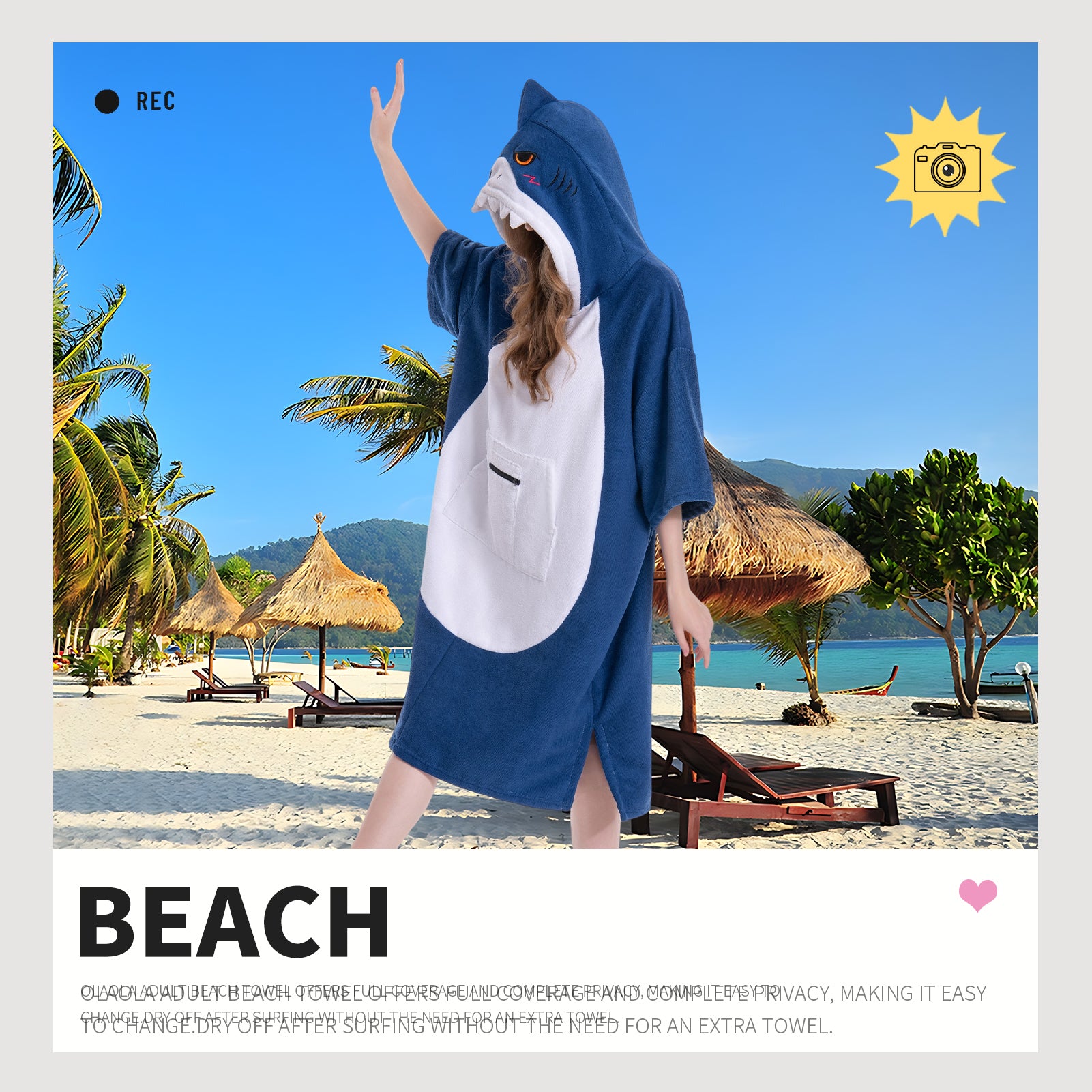 OLAOLA Blue Shark Surf Poncho Changing Towel Swim Robe Beach Towels Quick Dry Terry Cloth Cover-Up Hood