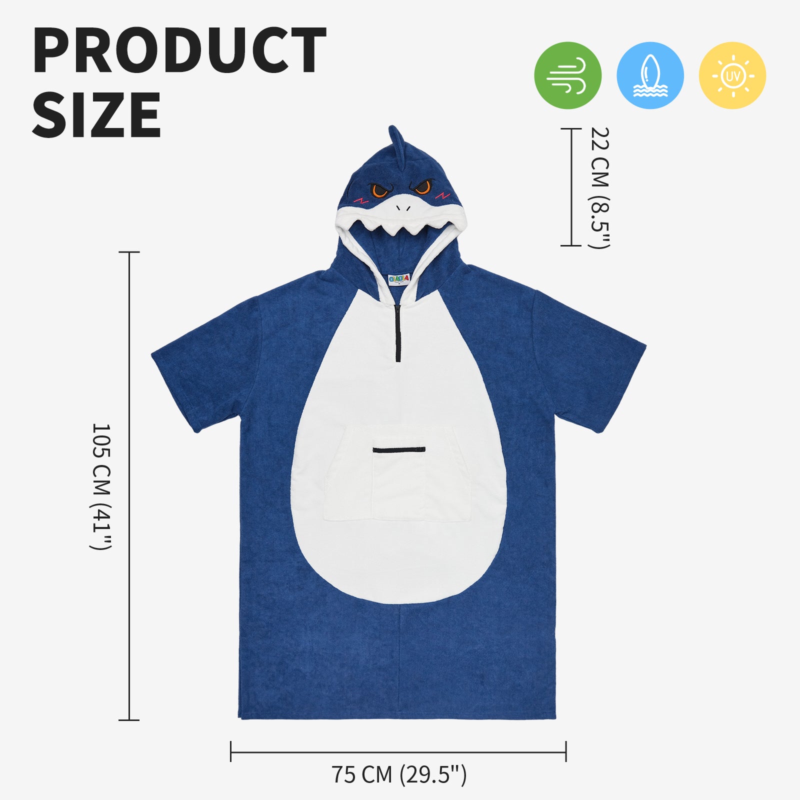 OLAOLA Blue Shark Surf Poncho Changing Towel Swim Robe Beach Towels Quick Dry Terry Cloth Cover-Up Hood