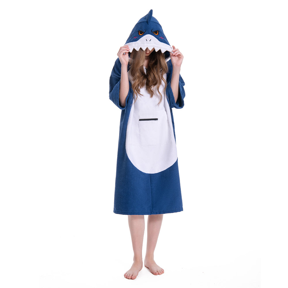 OLAOLA Blue Shark Surf Poncho Changing Towel Swim Robe Beach Towels Quick Dry Terry Cloth Cover-Up Hood