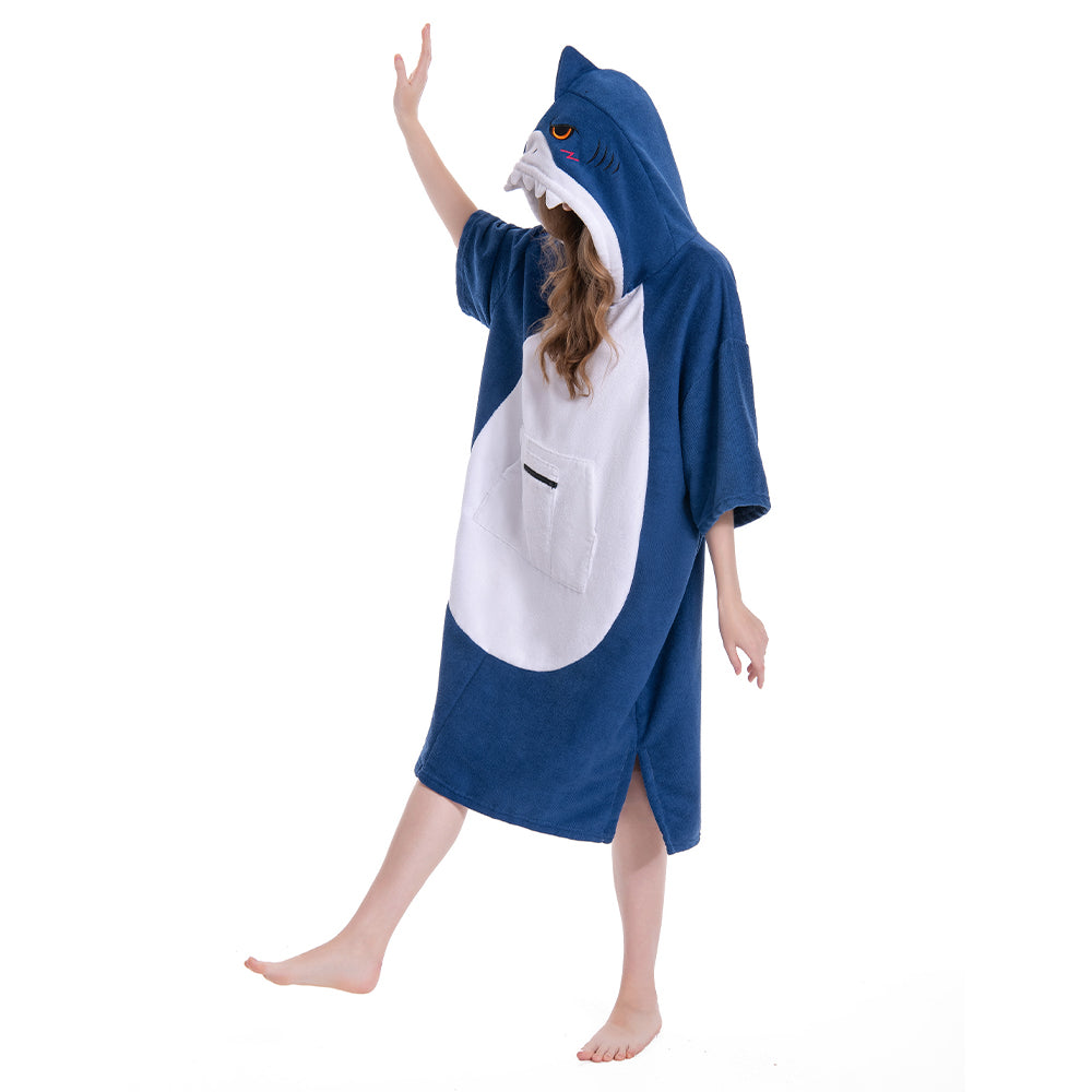 OLAOLA Blue Shark Surf Poncho Changing Towel Swim Robe Beach Towels Quick Dry Terry Cloth Cover-Up Hood