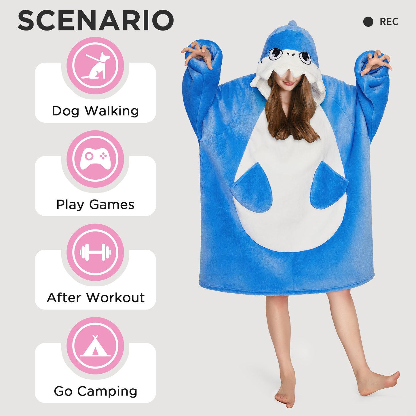 OLAOLA Blue Shark Wearable Blanket Hoodie for Adults Oversized Animal Hooded Blanket Soft Warm Cozy Sherpa Fleece Sweatshirt