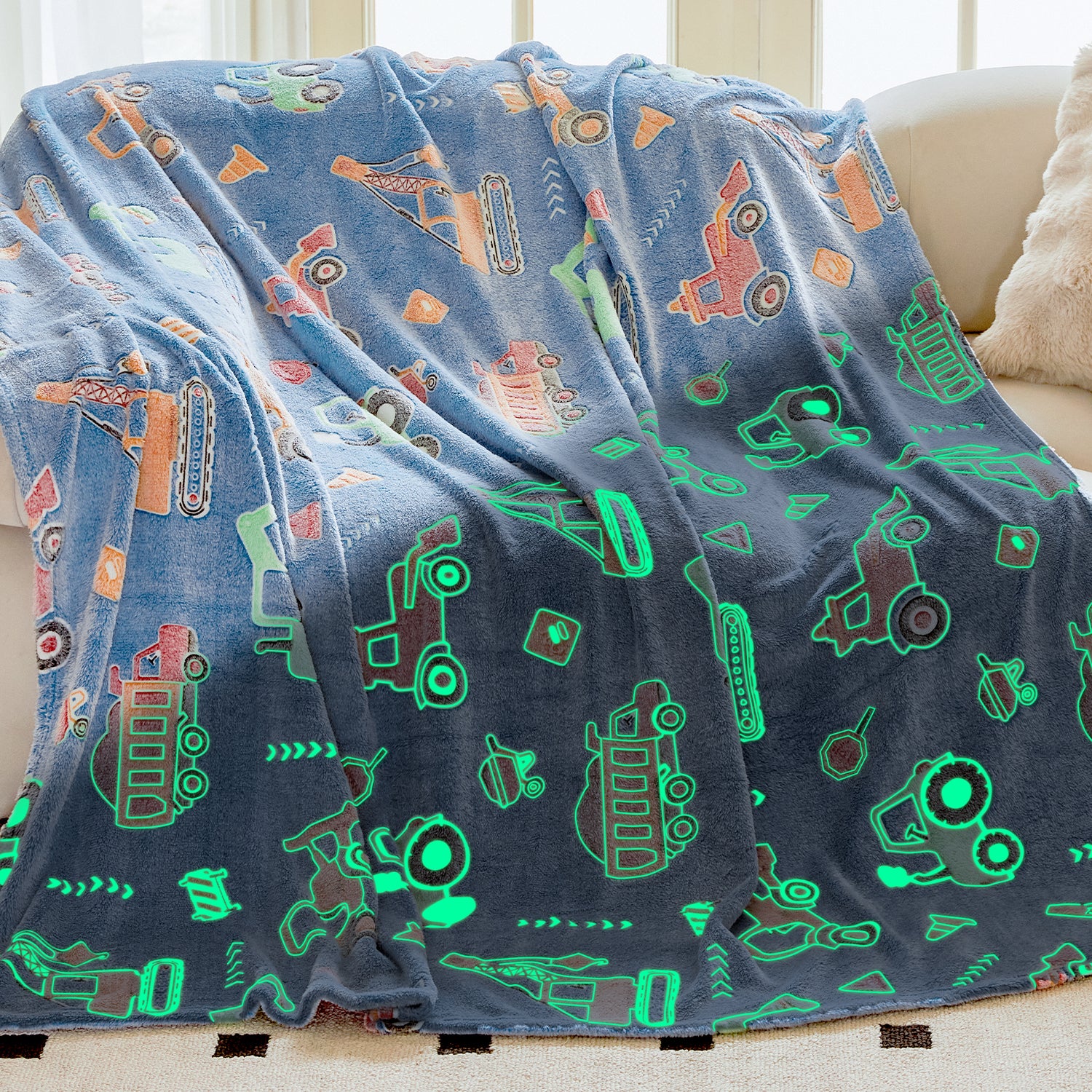 OLAOLA Blue Toy Car Blankets Soft Cozy Throw Warm Lightweight Glow In The Dark Flannel Blanket For Couch Bed Sofa Magical Decor