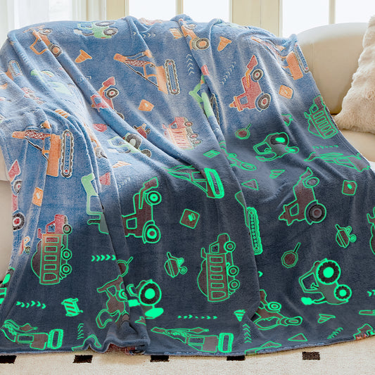 OLAOLA Blue Toy Car Blankets Soft Cozy Throw Warm Lightweight Glow In The Dark Flannel Blanket For Couch Bed Sofa Magical Decor