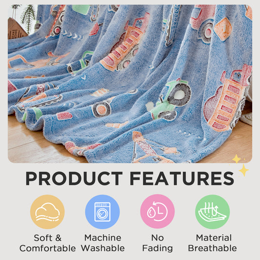 OLAOLA Blue Toy Car Blankets Soft Cozy Throw Warm Lightweight Glow In The Dark Flannel Blanket For Couch Bed Sofa Magical Decor