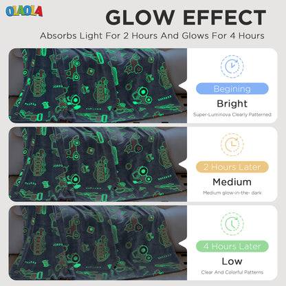 OLAOLA Blue Toy Car Blankets Soft Cozy Throw Warm Lightweight Glow In The Dark Flannel Blanket For Couch Bed Sofa Magical Decor