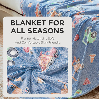 OLAOLA Blue Toy Car Blankets Soft Cozy Throw Warm Lightweight Glow In The Dark Flannel Blanket For Couch Bed Sofa Magical Decor