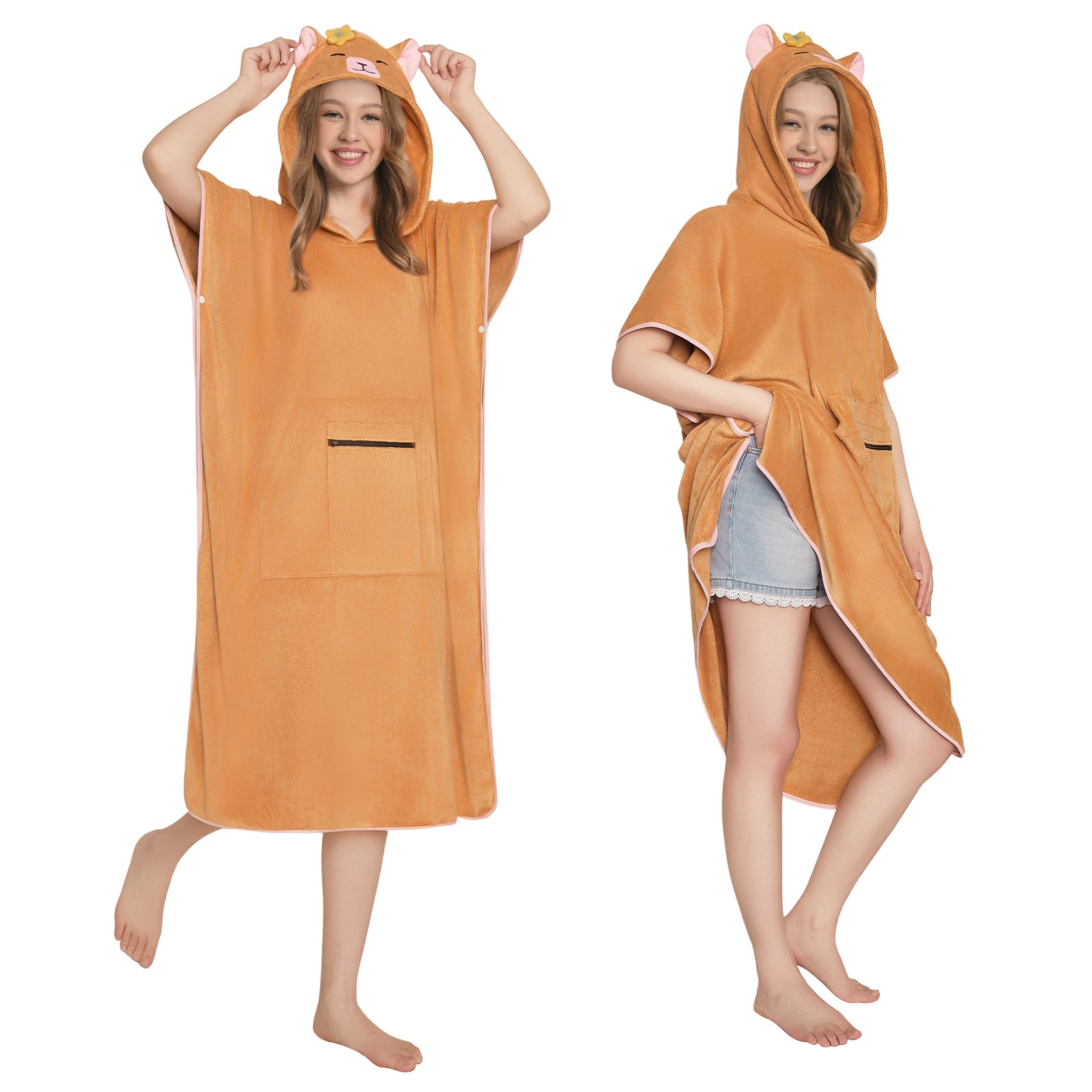 OLAOLA Capybara Beach Towels Surf Poncho Changing Towel Swim Robe With Pocket Plus Size Quick Dry Terry Cloth Cover-Up Hood