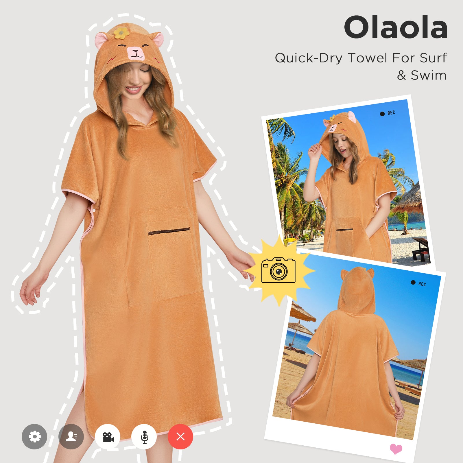 OLAOLA Capybara Beach Towels Surf Poncho Changing Towel Swim Robe With Pocket Plus Size Quick Dry Terry Cloth Cover-Up Hood
