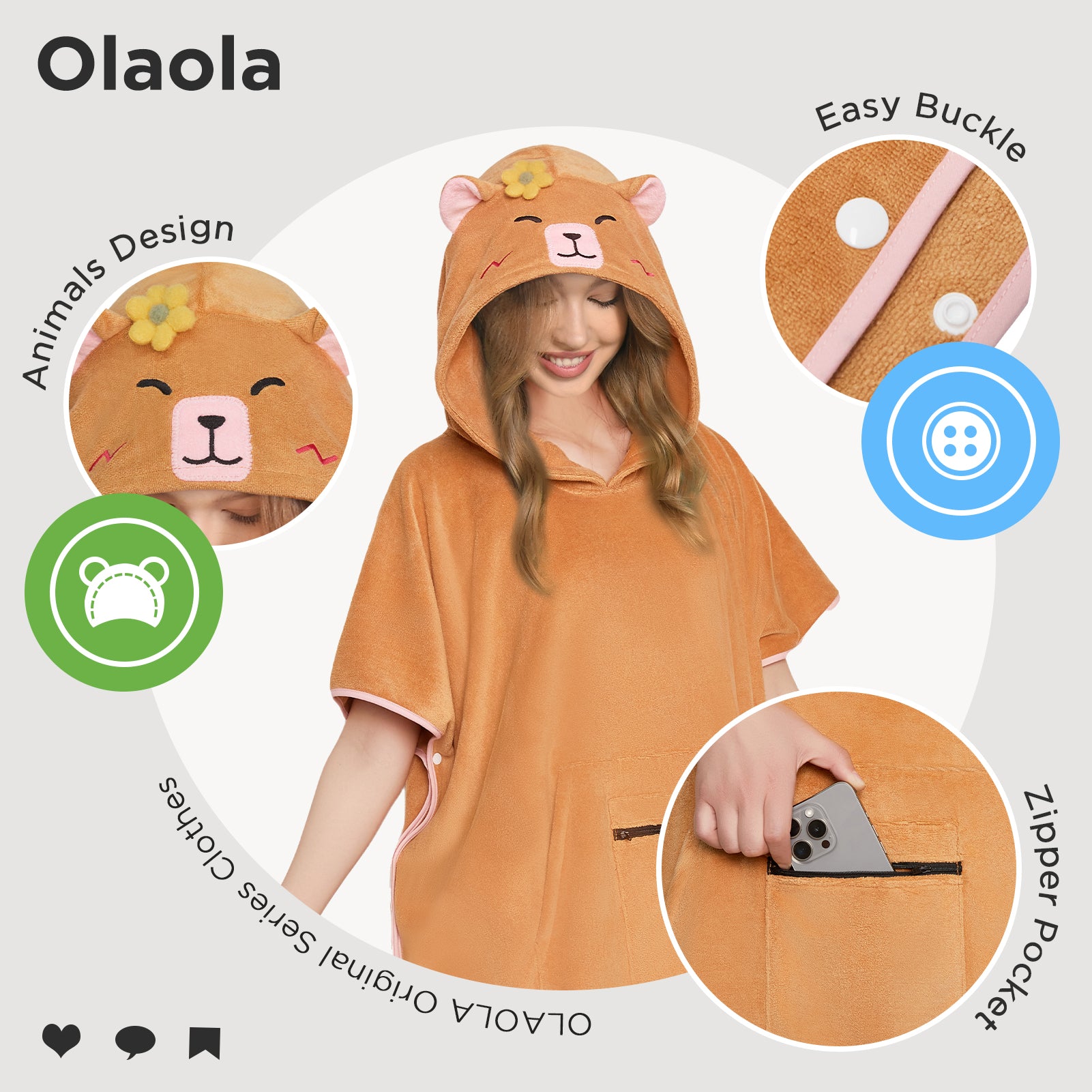 OLAOLA Capybara Beach Towels Surf Poncho Changing Towel Swim Robe With Pocket Plus Size Quick Dry Terry Cloth Cover-Up Hood