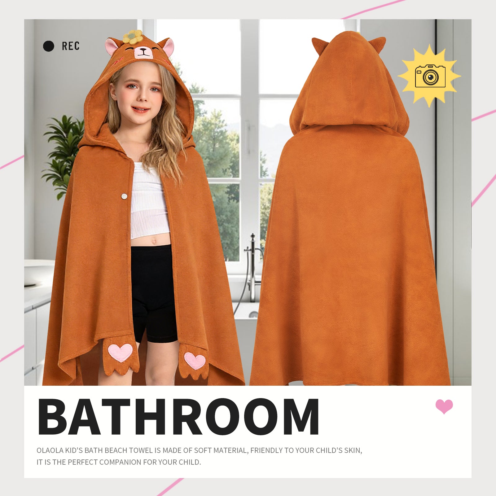 OLAOLA Capybara Hooded Towel Soft Thick Bath Beach Towel Absorbent Toddler Bath Towel Wrap Swim Pool Towels Poncho For 3-12 Years Kids