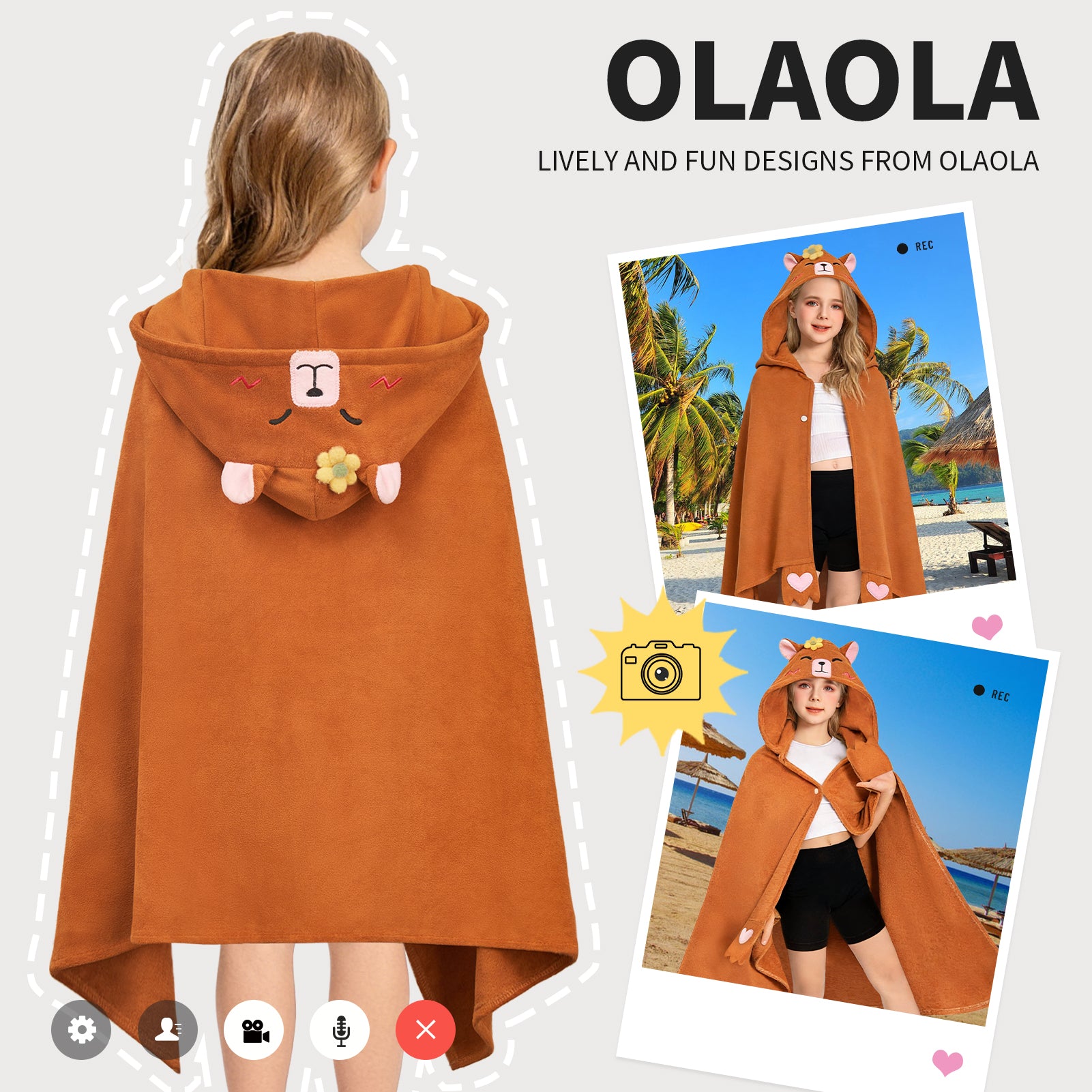 OLAOLA Capybara Hooded Towel Soft Thick Bath Beach Towel Absorbent Toddler Bath Towel Wrap Swim Pool Towels Poncho For 3-12 Years Kids